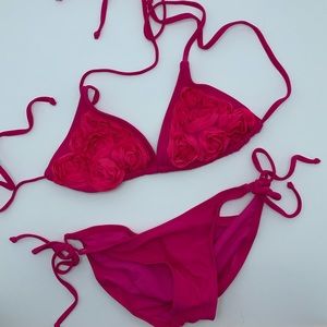 Frilly flower hot pink triangle bikini swim suit